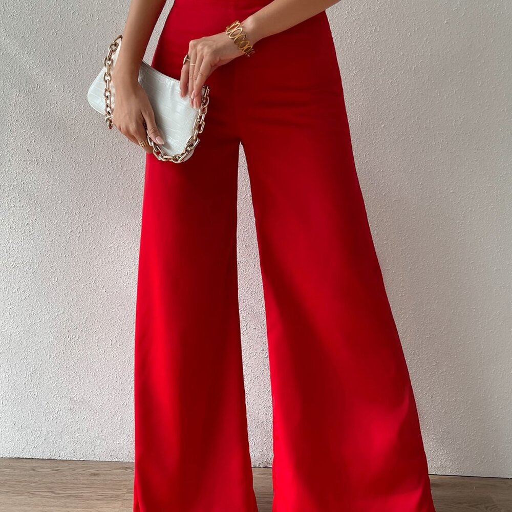 Red Casual Women's High Waist Wide Leg Pants